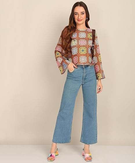 71oO2qRXaYL._AC_SX466_ Women's Multicoloured Crochet Round Neck Crop Top - Image 2