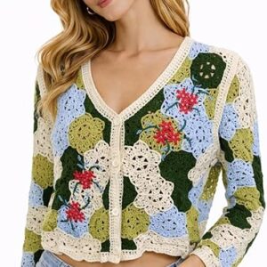 ICW Women’s Crochet Knit Crop Cardigan Top V-Neck Button-Down Floral Patchwork Sweater Long Sleeve Boho Summer Shrug DN2103-1