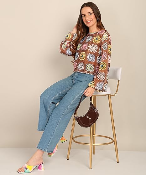 817B6-o0DBL._AC_SX466_ Women's Multicoloured Crochet Round Neck Crop Top - Image 3