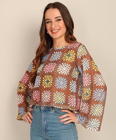 91dFwpLcEZL._AC_SX466_ Women's Multicoloured Crochet Round Neck Crop Top