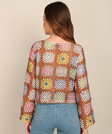 91kzQl5y-nL._AC_SX466_ Women's Multicoloured Crochet Round Neck Crop Top - Image 4